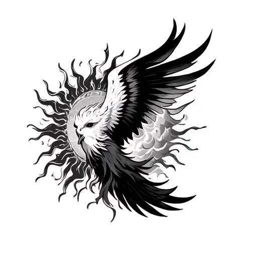 sun and phoenix emerging representing imagination cloud busting tattoo design idea