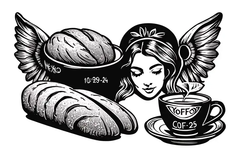 Memorial tattoo for my grandpa and grandma with Mexican sweet bread and coffee with the dates 10-29-24 and 1/29/25 tattoo design idea