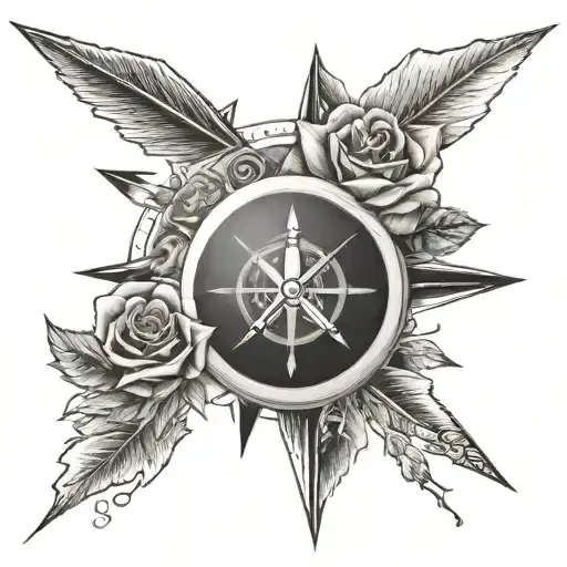 Arrow, Roses, Mountain, compass and a analog clock at 4.  tattoo design idea