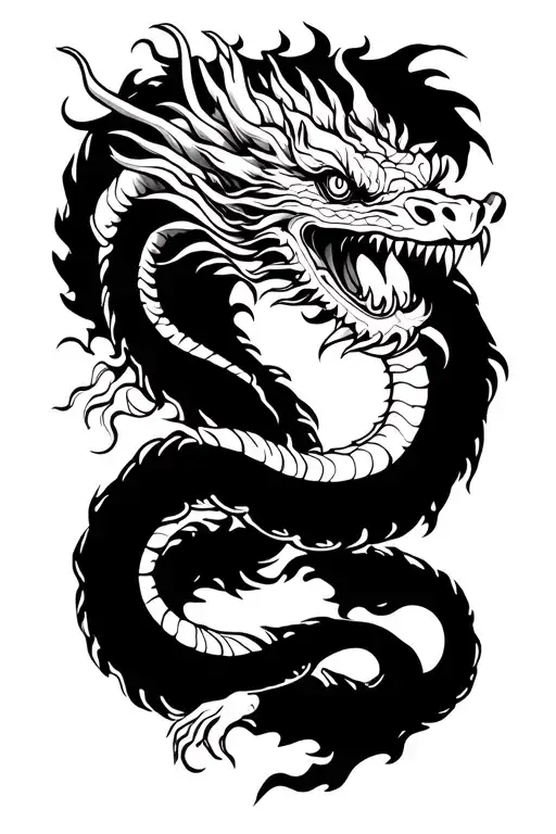 Traditional Chinese imperial dragon tattoo, long serpentine body, five claws, bold black ink, outer forearm flow tattoo design idea