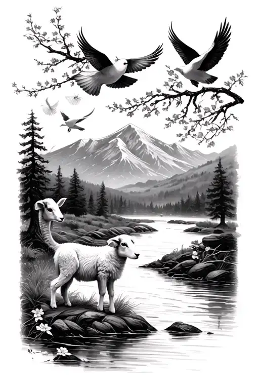 I want a river with a lamb, doves flying, a dogwood tree, and a mountain range in the background all of it surrounded by tattoo design idea