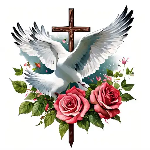 Realistic half sleeve from shoulder to elbow of cross, doves and roses tattoo design idea