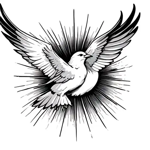 flying dove with sun and rays background tattoo design idea