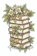 stack of books with wildflowers and ivy growing out of it tattoo design idea