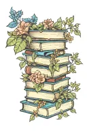 stack of books with wildflowers and ivy growing out of it tattoo design idea