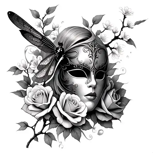 gothic mask, dragonfly with roses and cherry blossom branch tattoo design idea