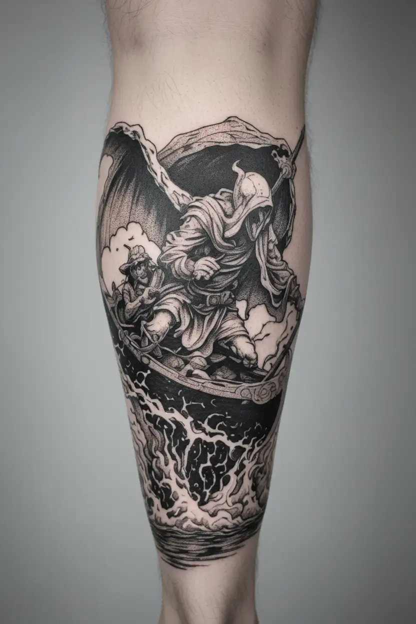 charon crossing the river styx tattoo design idea