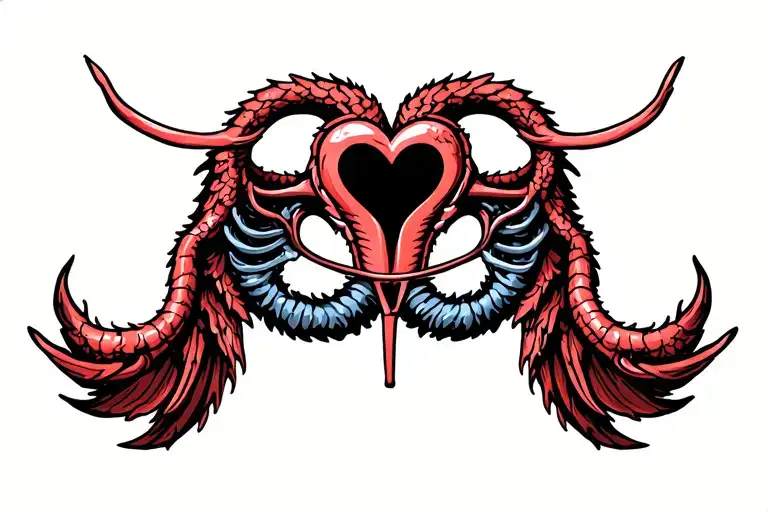 Dragon Wing Tattoo shaped like a Uterus and Fallopian Tubes with a heart at the center. tattoo design idea