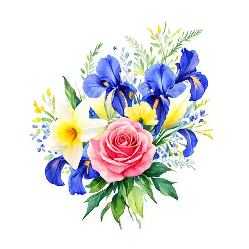 soft floral arrangements including rose, daffodils, carnations and iris memorial love  tattoo design idea