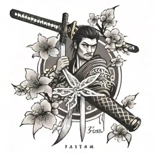 Japanese inspired tattoo featuring samurai sword, Japanese cherry blossoms and the words faith over fear  tattoo design idea