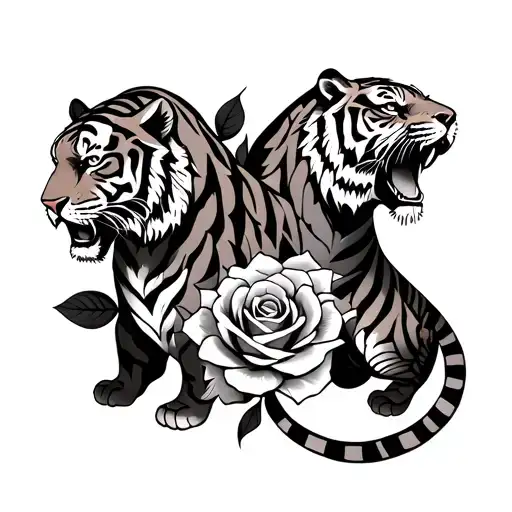 American traditional tattoo with two tigers going around the knee and a rose in the middle tattoo design idea
