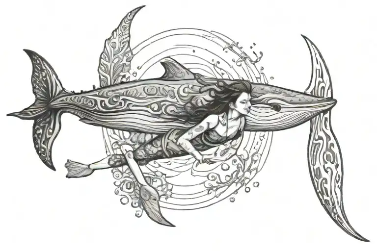 woman snorkelling with humpback whale tattoo design idea