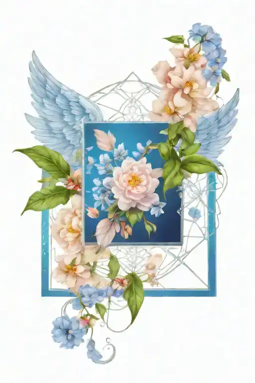 Angel wings surrounded by larkspur and peony flowers tattoo design idea