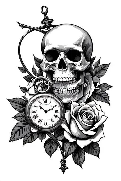skull+roses+timepiece+compas+Archer, t shirt tattoo design idea