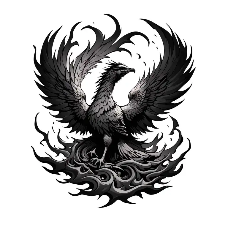 Phoenix tattoo with a dark, almost black plumage, flies out of ashes, formed by runes of Phoenix flame bright, with transitions tattoo design idea
