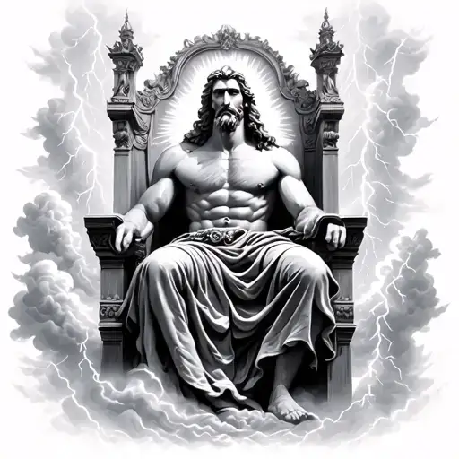 A super realistic black and gray tattoo design of Zeus sitting on a throne surrounded by swirling clouds, lightning in h tattoo design idea