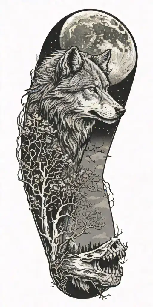 nature, wolf howling at the moon, skull tattoo design idea