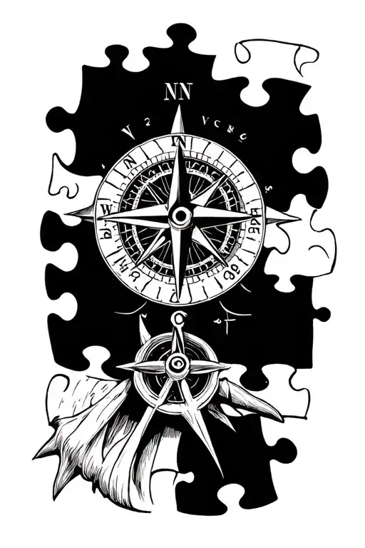 nautical compass and jigsaw puzzle piece tattoo design idea