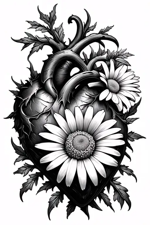 thorn and daisy with anotomicly correct heart shape tattoo design idea