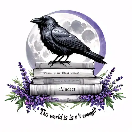 bookish fineline tattoo with stack of books, moon, raven, lavender and quote this world isn't enough tattoo design idea