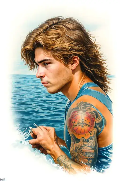 A young man with long, wheat-colored hair who repairs scuba diving and sofas. tattoo design idea
