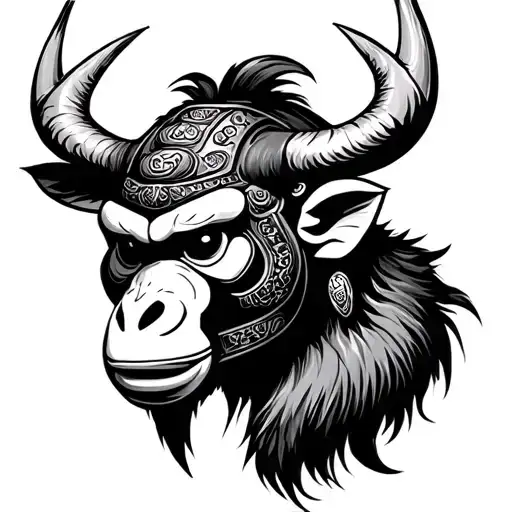ox and monkey samurai mask tattoo design idea