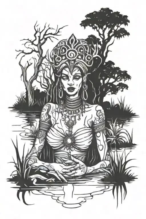 Voodoo priestess in the swamp surrounded by trees and swamp water  tattoo design idea