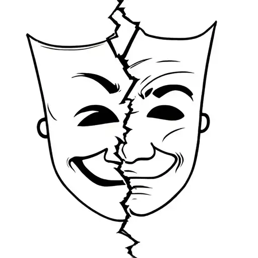 broken in half theatrical mask one side smiling other one is sad with a lot of cracks tattoo design idea