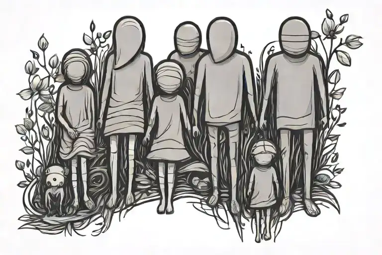 simple stick figure family of 6. simple. no face tattoo design idea