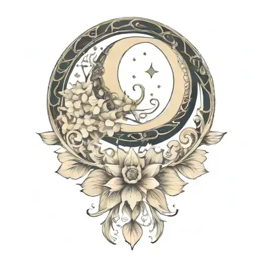 crescent moon above, floral, art nouveau  tattoo design idea