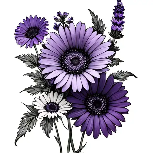 lavender, violet, gerbera daisies intertwined tattoo design idea