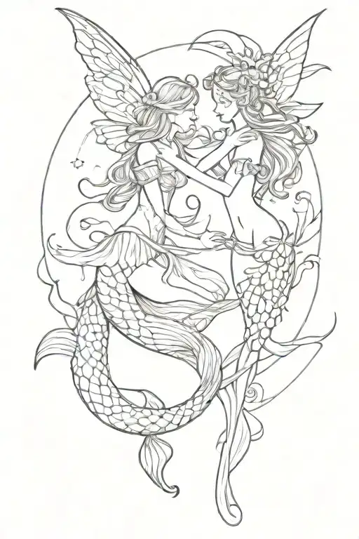 fairy and mermaid reaching for eachother simple line drawing tattoo design idea