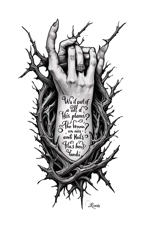 Thigh Tattoo with the quote 'Was it all a part of His plans? The thorns on His brow and the nails in his hands.' tattoo design idea