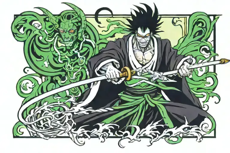Balck and Green Bankai form bleach anime tattoo design idea