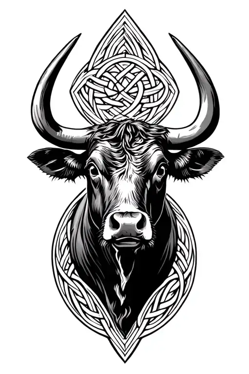 black angus bull bust, sketch, with shadows, in a Celtic design tattoo design idea