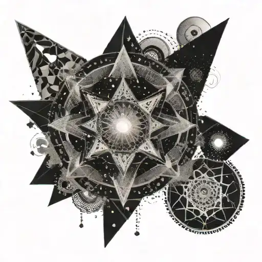 Tattoo having space background with sacred geometrical patterns as a background. Main theme buddhism and consciousness tattoo design idea