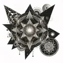 Tattoo having space background with sacred geometrical patterns as a background. Main theme buddhism and consciousness tattoo design idea