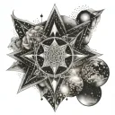 Tattoo having space background with sacred geometrical patterns as a background. Main theme buddhism and consciousness tattoo design idea