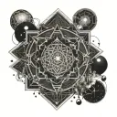 Tattoo having space background with sacred geometrical patterns as a background. Main theme buddhism and consciousness tattoo design idea