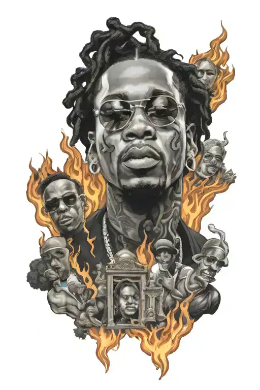 legsleeve with Pop Smoke, the Migos and Burna Boy portrait surraunded by flames tattoo design idea