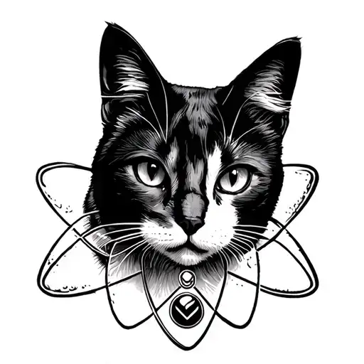 black and white cat head look forward with atom symbol incorporated tattoo design idea