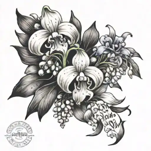 Lilly of the valley and violet flowers with a death date and love you always grandma tattoo design idea