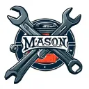 Horizontal Spanner and wrench with the name Mason in the middle in the background a car piston  tattoo design idea