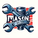 Horizontal Spanner and wrench with the name Mason in the middle in the background a car piston  tattoo design idea