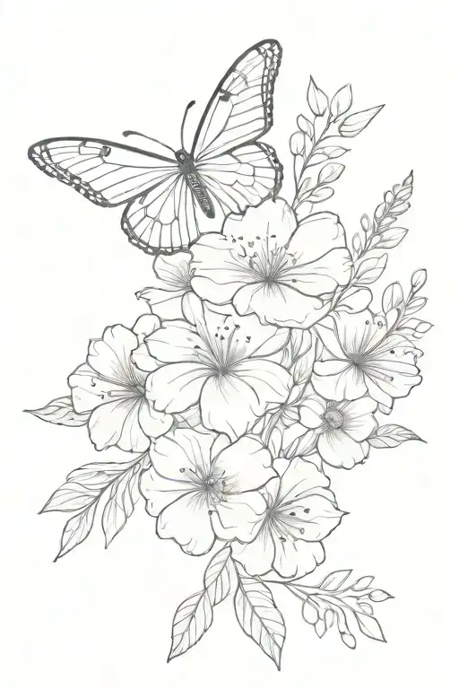 birth flower bouquet fine line with butterfly flying tattoo design idea