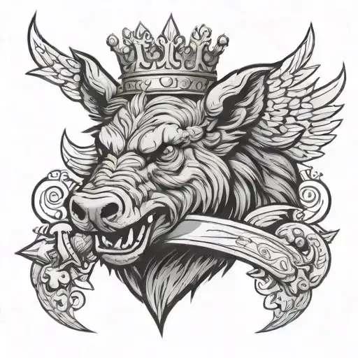 Angry Boar head with a sword and wings wearing a crown tattoo design idea