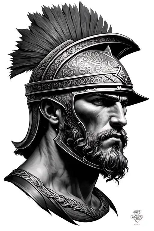 Hyper-realistic black and grey tattoo design of Ares, Greek god of war, wearing a detailed Corinthian helmet fully cover tattoo design idea