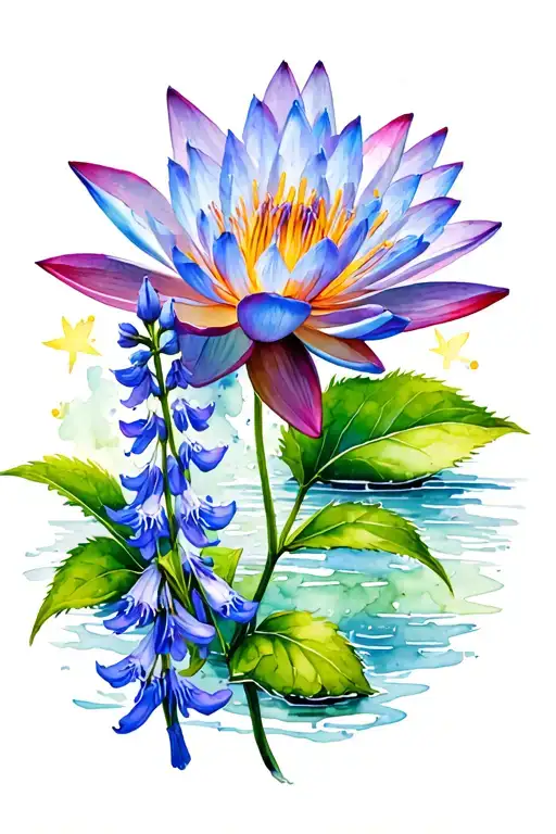 "Lena" water lily and larkspur flower with no harsh shade  tattoo design idea