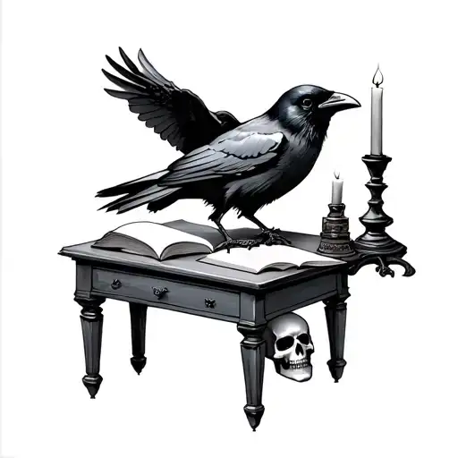 Black and grey Edgar Allen Poe inspired tattoo featuring a raven, a writing desk, a candle, and a skull tattoo design idea