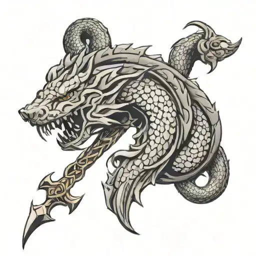 Jörmungandr band on upper forearm bitting onto mjolnar tattoo design idea
